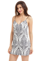 White Black Plant Print Short Dress