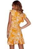Mustard Leaf Vein Print Ruffle and Wrap Short Summer Dress