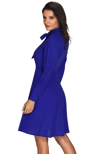 Patchwork Tie Neck Long Sleeve Royal Blue Flared Dress