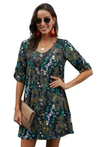 Black V Neck 3/4 Roll Sleeve Buttoned Floral Dress