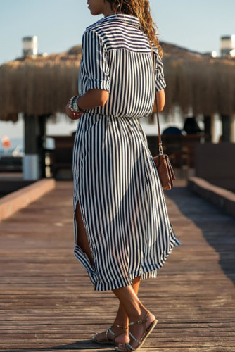 Black Striped Roll up Sleeve Buttoned Maxi Shirt Dress