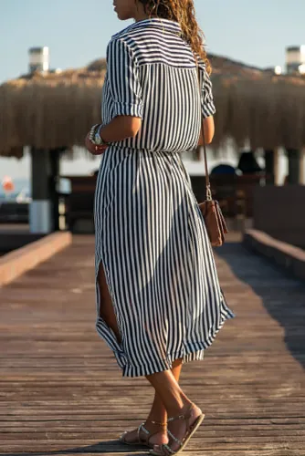 Black Striped Roll up Sleeve Buttoned Maxi Shirt Dress