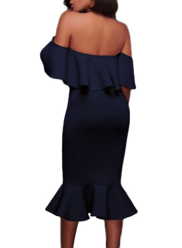 Blue Ruffle Off Shoulder Mermaid Midi Party Dress