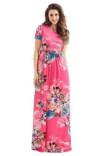 Pocket Design Short Sleeve Watermelon Red Floral Maxi Dress