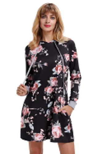 Black Floral Print Drawstring Hoodie Dress