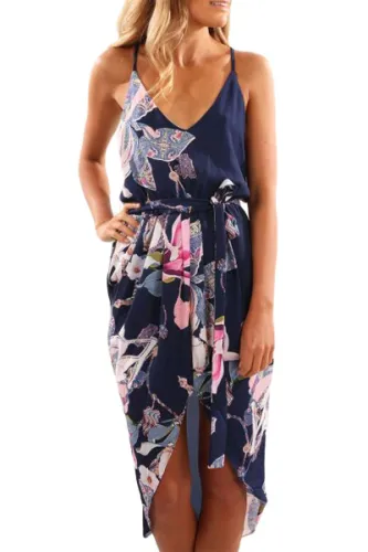 Blue Deep V Neck Summer Floral Print Dress