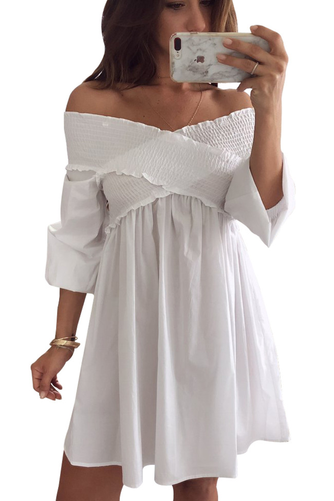 White Crossed Smocking Off Shoulder Mini Dress