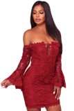 Purplish Red Crochet Overlay Off The Shoulder Fitted Mini Dress