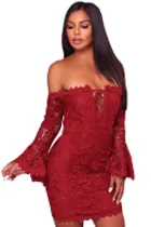Purplish Red Crochet Overlay Off The Shoulder Fitted Mini Dress