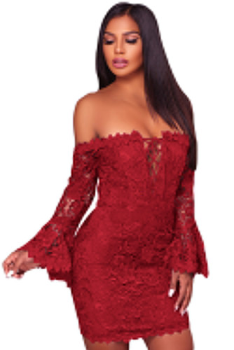 Purplish Red Crochet Overlay Off The Shoulder Fitted Mini Dress
