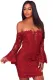 Purplish Red Crochet Overlay Off The Shoulder Fitted Mini Dress