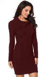 Asymmetric Buttoned Collar Burgundy Bodycon Sweater Dress