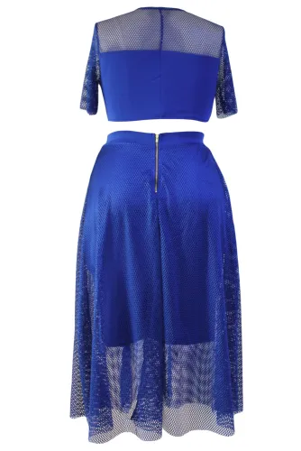 Blue Mesh Joint Plus Crop Top Skirt Set