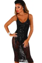 Black Sheer Sequined Midi Bodysuit Dress