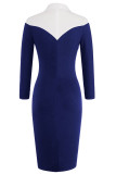 Shirt Style Patchwork Blue Midi Dress