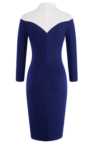 Shirt Style Patchwork Blue Midi Dress
