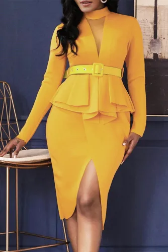 Yellow Long Sleeve Mid-Calf Falbala Asymmetrical Pullover Dress