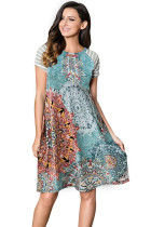 Green Retro Floral Panel Striped Short Sleeve Day Dress