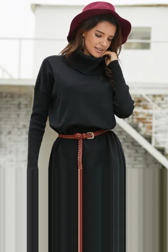Black Ribbed Cowl Neck Lightweight Sweater Dress