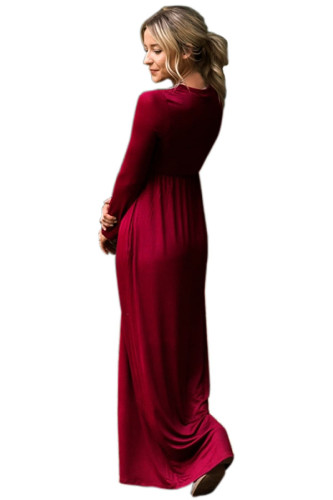 Burgundy Long Sleeve High Waist Maxi Jersey Dress