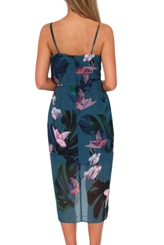 Light Blue V Neckline Sleeveless Floral Dress