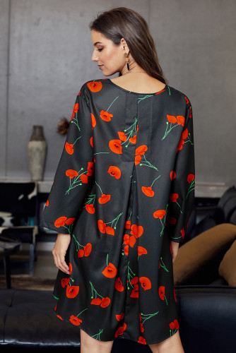 Black Printed V-Neck Three Quarter Sleeve Loose Dress
