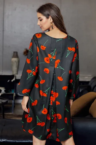 Black Printed V-Neck Three Quarter Sleeve Loose Dress