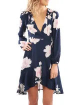 Navy Floral Print Wrap and Tie Long Sleeve Dress