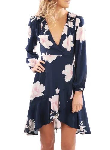 Navy Floral Print Wrap and Tie Long Sleeve Dress