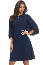 Navy Pompom Trim Bell Sleeve Chiffon Skater Dress