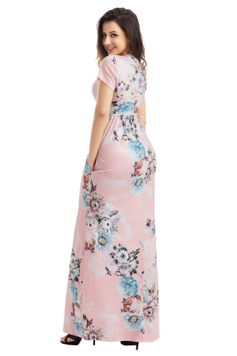 Pocket Design Short Sleeve Blush Floral Maxi Dress