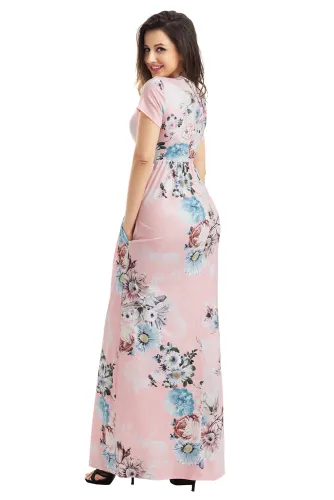 Pocket Design Short Sleeve Blush Floral Maxi Dress