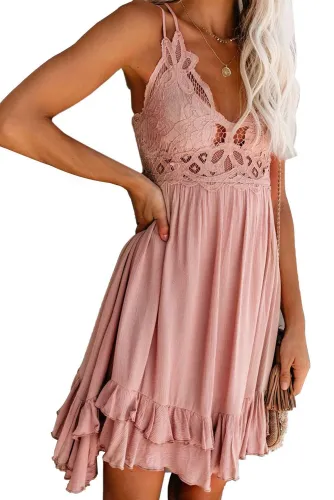 Pink Crochet Lace Ruffle Dress