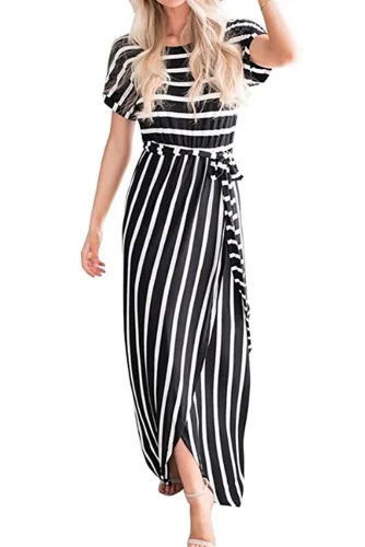 Black White Striped Drape Slit Maxi Dress with Belt
