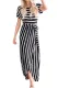 Black White Striped Drape Slit Maxi Dress with Belt