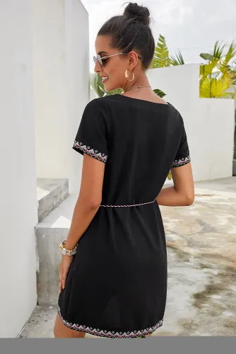 Black Summer Boho Embroidered V Neck Short Sleeve Casual Mini Dress