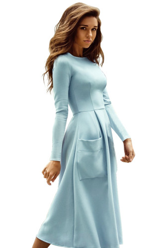Light Blue Bateau Collar Casual Big Pocket Skater Dress