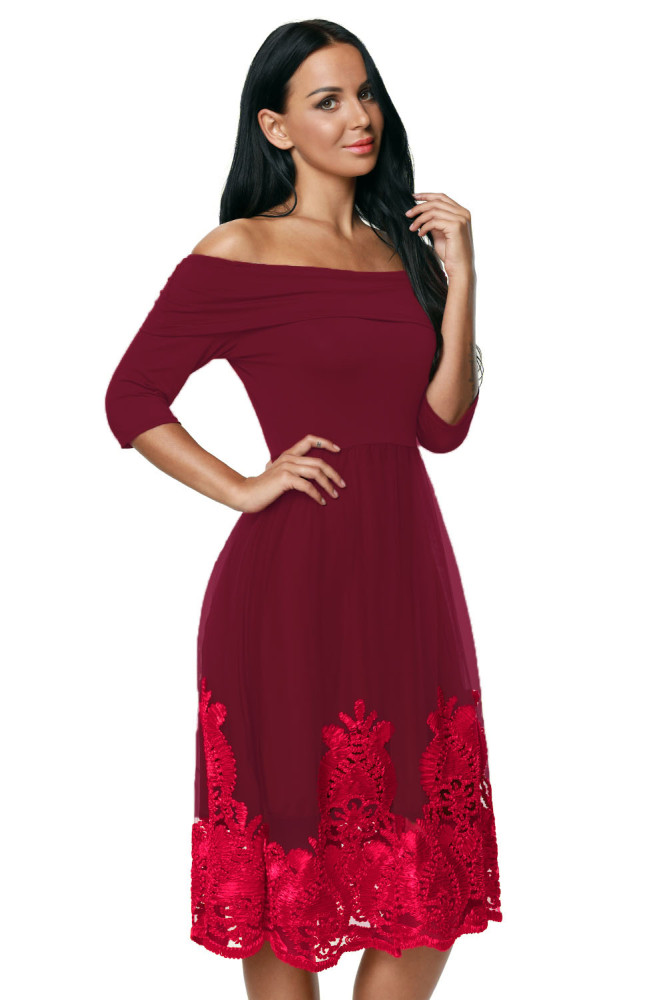 Burgundy Lacy Embroidery Tulle Skirt Skater Dress