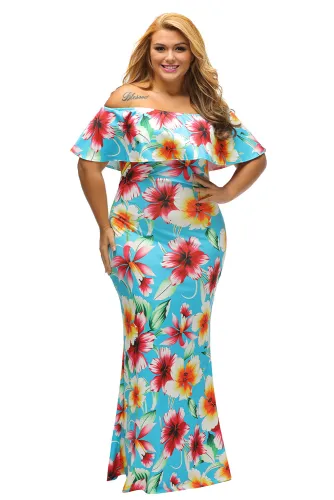 Turquoise Roses Print Off-the-shoulder Maxi Dress