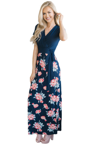 Navy Wrap V Neck Tie Side Floral Maxi Dress