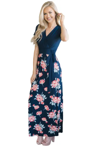 Navy Wrap V Neck Tie Side Floral Maxi Dress