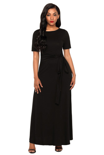 Black Wrap Gather Waist A-line Maxi Dress