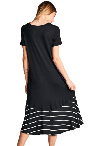 Black Hi-low Striped Ruffle Hem Midi Dress