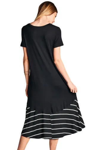 Black Hi-low Striped Ruffle Hem Midi Dress