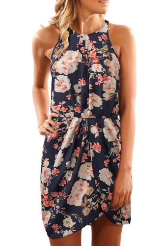 Black Halter Neck Floral Print Sleeveless Casual Mini Dress