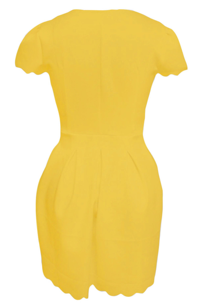 Yellow Sweet Scallop Pleated Skater Dress