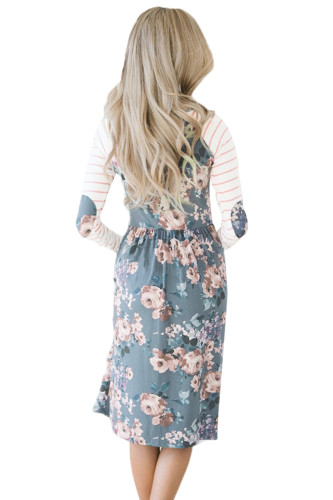 Purple Floral Stripe Long Sleeve Side Pocket Boho Dress
