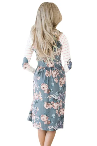 Purple Floral Stripe Long Sleeve Side Pocket Boho Dress