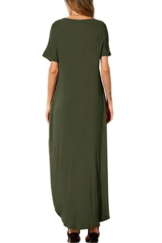 Green Casual Loose Pocket Short Sleeve Split Maxi Dress