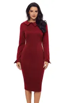 Burgundy Lapel Neck Bodycon Formal Office Dress Pencil Dress